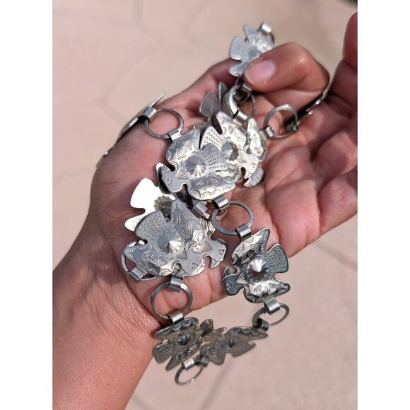 VTG Southwestern Silver Toned Thunderbird Metal Concho Chain Belt Boho Hippie main image 8